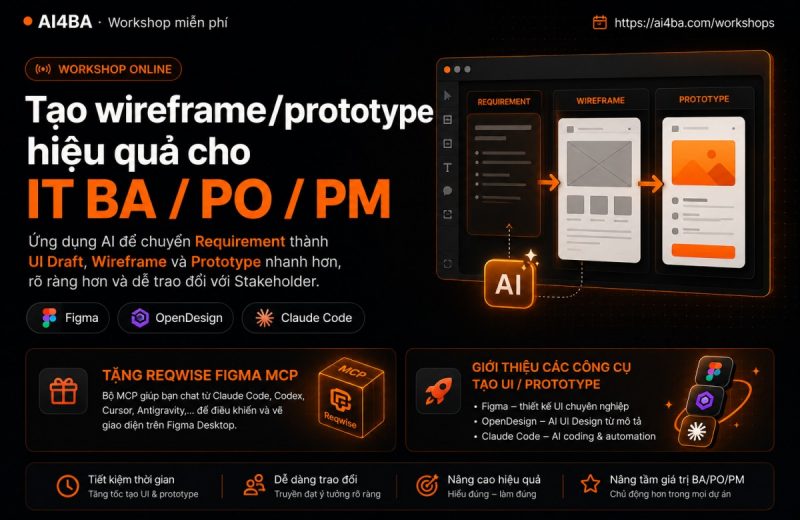 Ứng dụng AI để chuyển Requirement thành UI Draft, Wireframe và Prototype nhanh hơn, rõ ràng hơn và dễ trao đổi với Stakeholder.