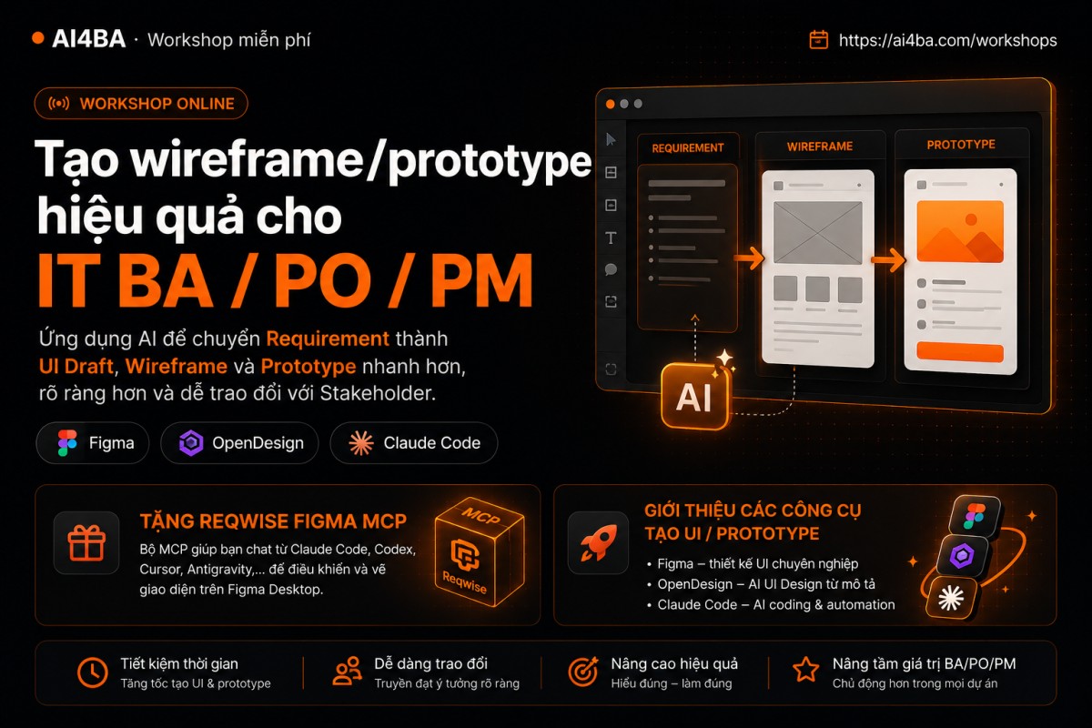 Ứng dụng AI để chuyển Requirement thành UI Draft, Wireframe và Prototype nhanh hơn, rõ ràng hơn và dễ trao đổi với Stakeholder.